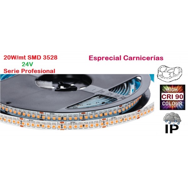 Tira LED 5 mts Flexible 24V 20W/mt 192 Led SMD 3528/mt IP54 Especial Carnicerías, Serie Profesional IRC >90
